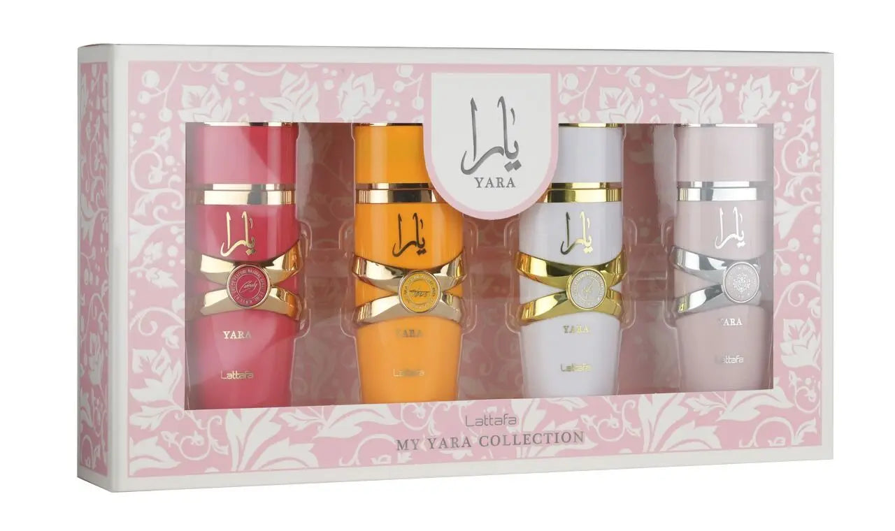 Discover the elegance of the My Yara Collection by Lattafa: a gift set of 4 original women's perfumes (4 x 25ml) featuring Yara Rosa, Yara Candy, Yara Moi, and Yara Tous, offering enchanting oriental fragrances for every occa