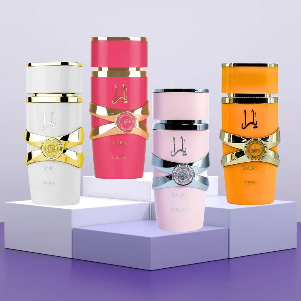 Discover the elegance of the My Yara Collection by Lattafa: a gift set of 4 original women's perfumes (4 x 25ml) featuring Yara Rosa, Yara Candy, Yara Moi, and Yara Tous, offering enchanting oriental fragrances for every occa