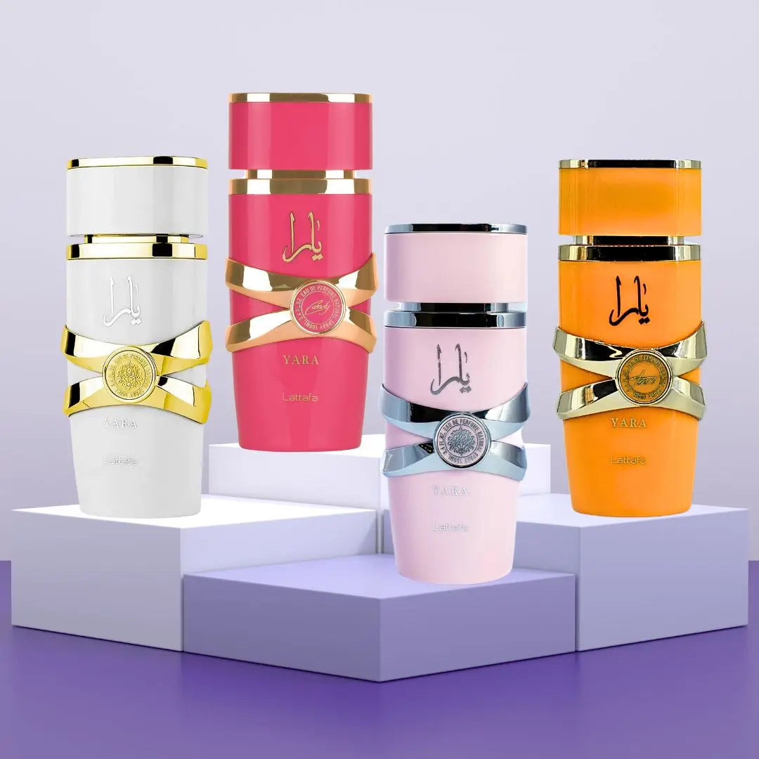 Discover the elegance of the My Yara Collection by Lattafa: a gift set of 4 original women's perfumes (4 x 25ml) featuring Yara Rosa, Yara Candy, Yara Moi, and Yara Tous, offering enchanting oriental fragrances for every occa