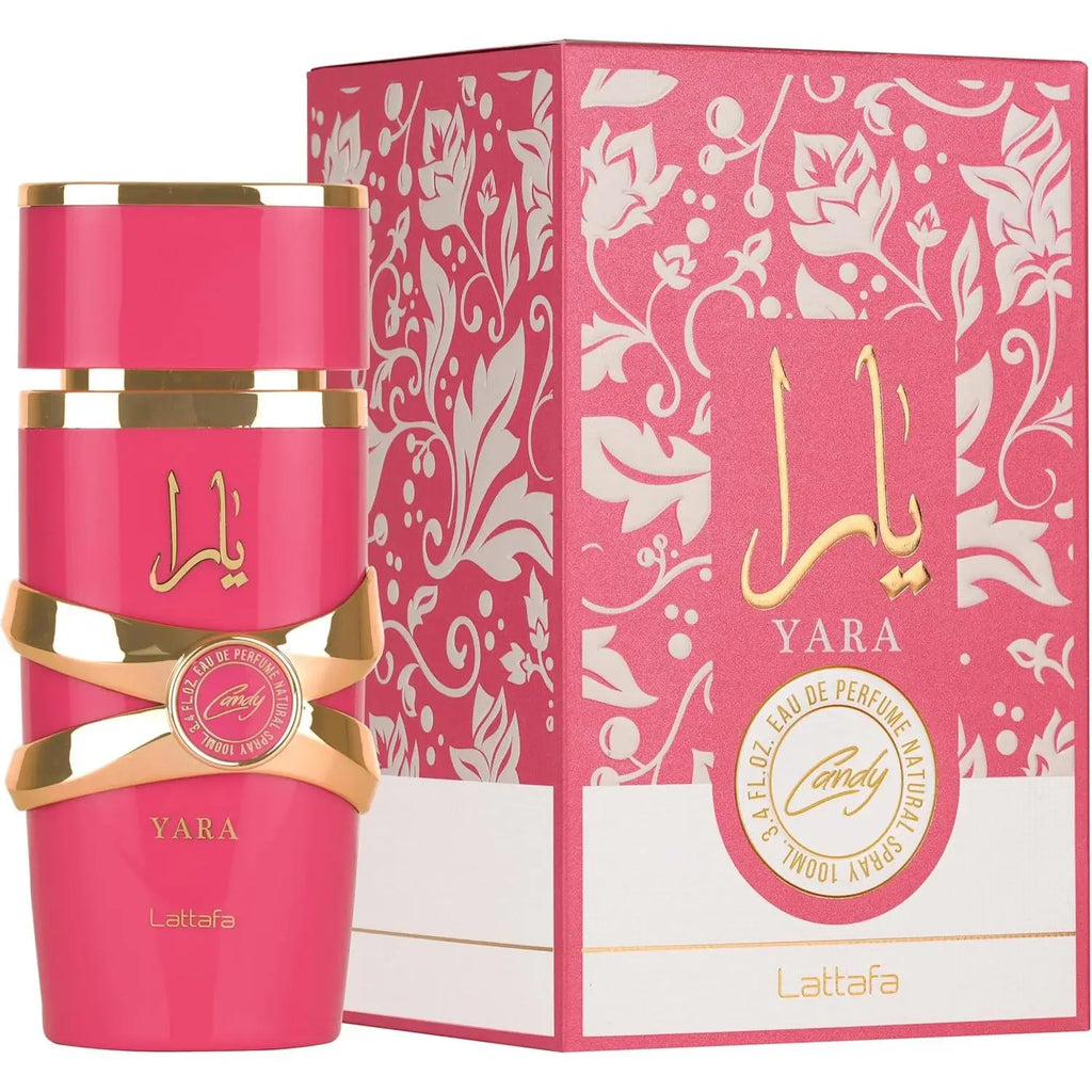 Yara Candy - Arabic Perfume for Women, 100ml, features a sweet and floral gourmand fragrance with notes of green mandarin, black currant, strawberry caramel, gardenia, vanilla, amber, sandalwood, and musk, perfect for modern
