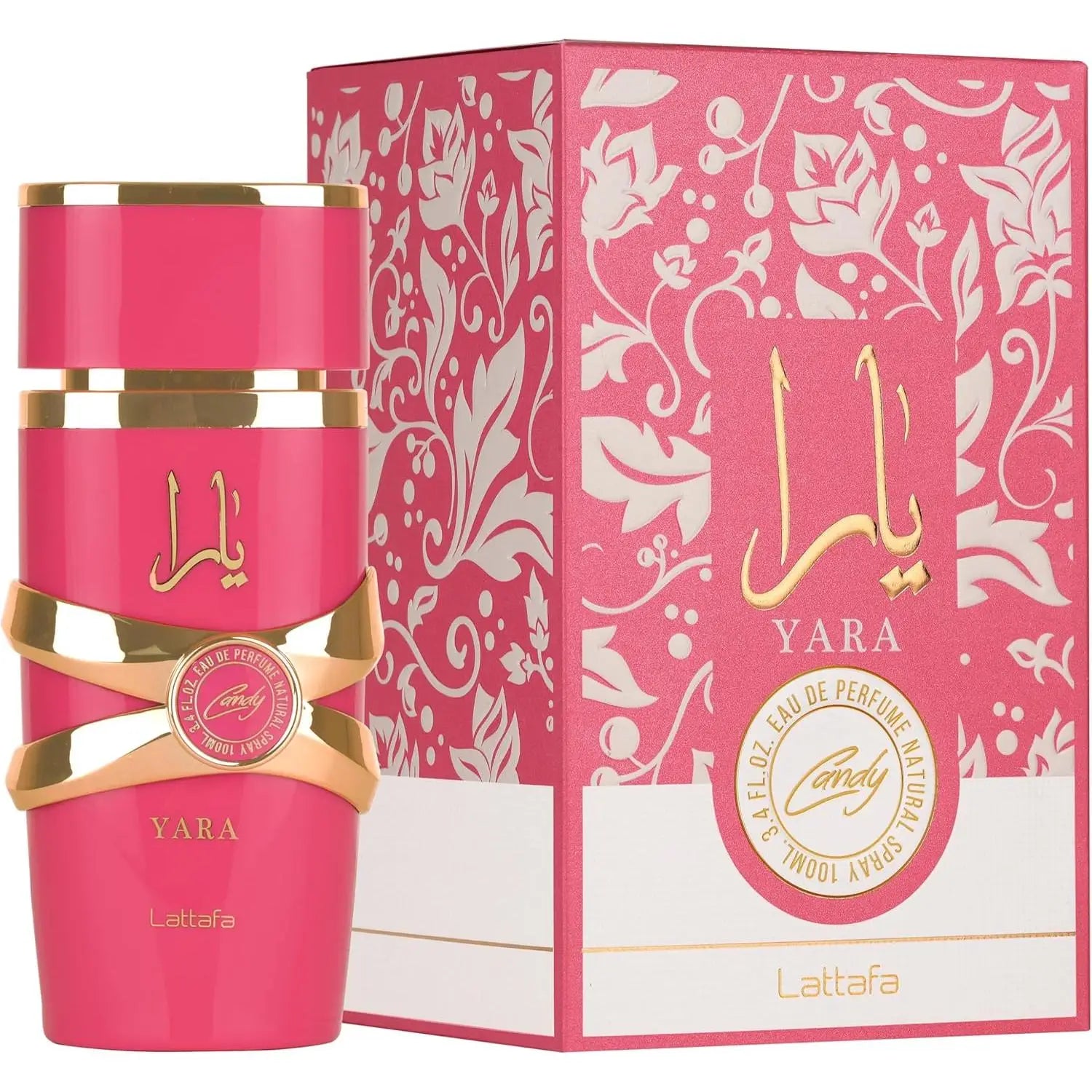 Yara Candy - Arabic Perfume for Women, 100ml, features a sweet and floral gourmand fragrance with notes of green mandarin, black currant, strawberry caramel, gardenia, vanilla, amber, sandalwood, and musk, perfect for modern