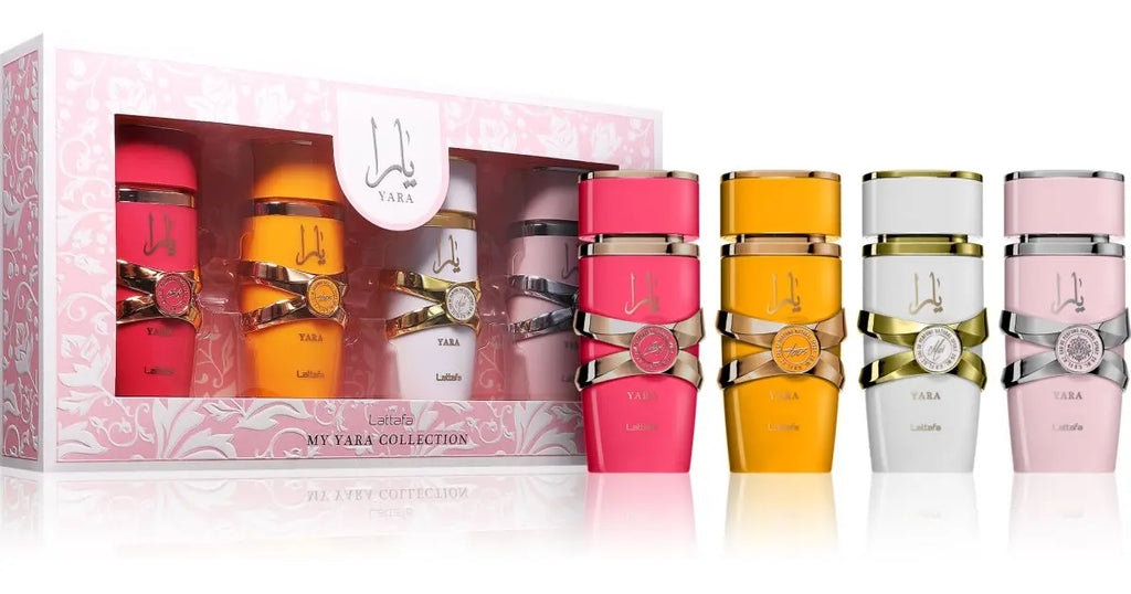 Discover the elegance of the My Yara Collection by Lattafa: a gift set of 4 original women's perfumes (4 x 25ml) featuring Yara Rosa, Yara Candy, Yara Moi, and Yara Tous, offering enchanting oriental fragrances for every occa
