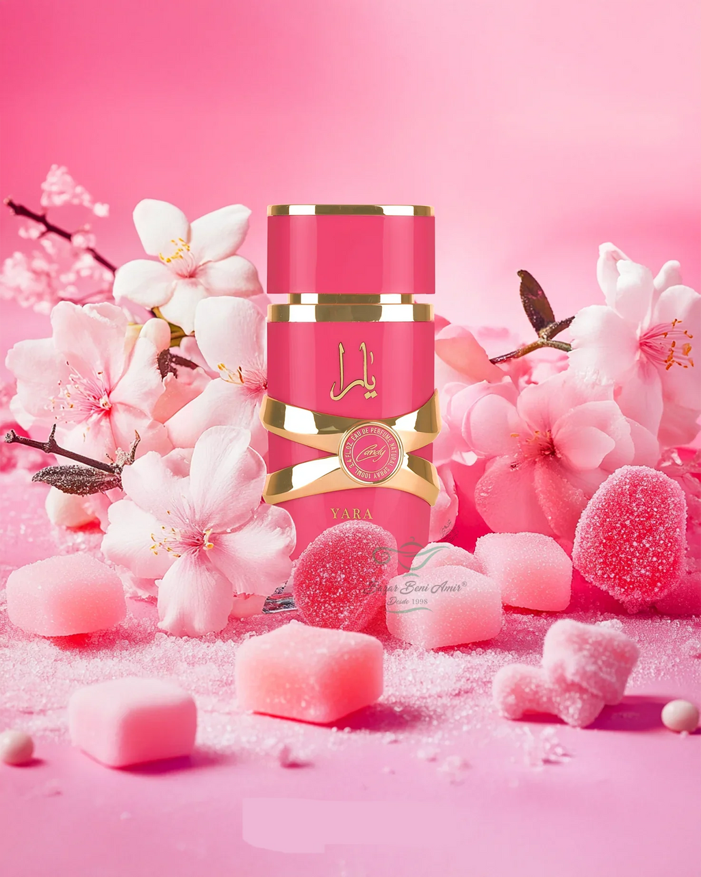 Yara Candy - Arabic Perfume for Women, 100ml, features a sweet and floral gourmand fragrance with notes of green mandarin, black currant, strawberry caramel, gardenia, vanilla, amber, sandalwood, and musk, perfect for modern