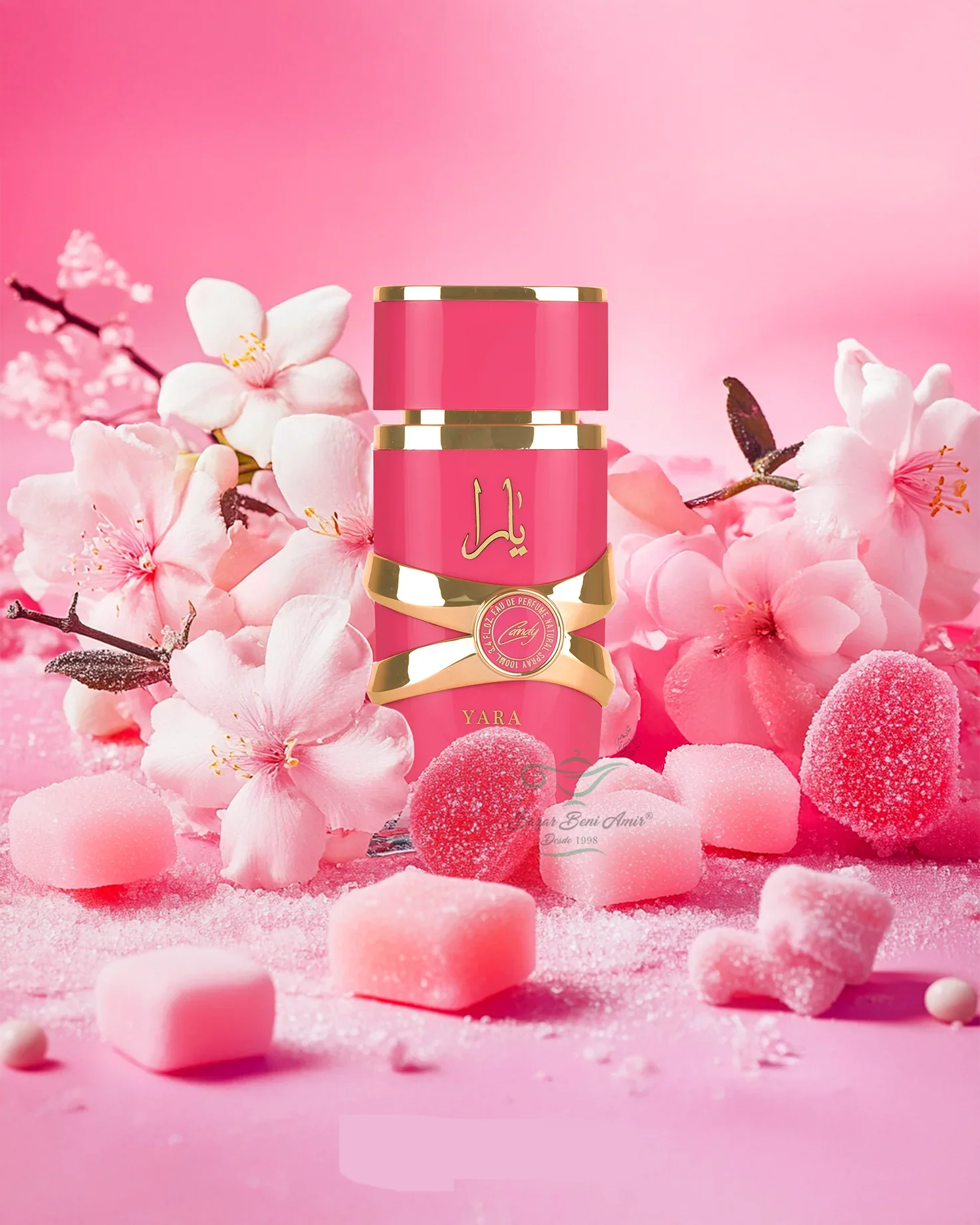 Yara Candy - Arabic Perfume for Women, 100ml, features a sweet and floral gourmand fragrance with notes of green mandarin, black currant, strawberry caramel, gardenia, vanilla, amber, sandalwood, and musk, perfect for modern