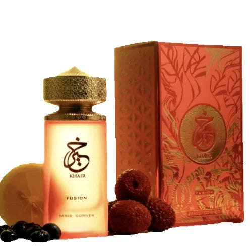 Khair Fusion by Paris Corner is a 100ml women's Eau de Parfum featuring fruity and gourmand notes for a tropical cocktail experience, ideal for those seeking a long-lasting fragrance.
