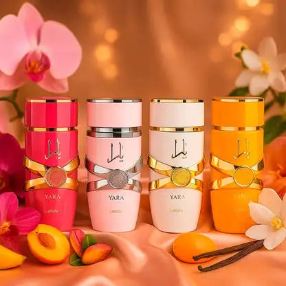 Discover the elegance of the My Yara Collection by Lattafa: a gift set of 4 original women's perfumes (4 x 25ml) featuring Yara Rosa, Yara Candy, Yara Moi, and Yara Tous, offering enchanting oriental fragrances for every occa