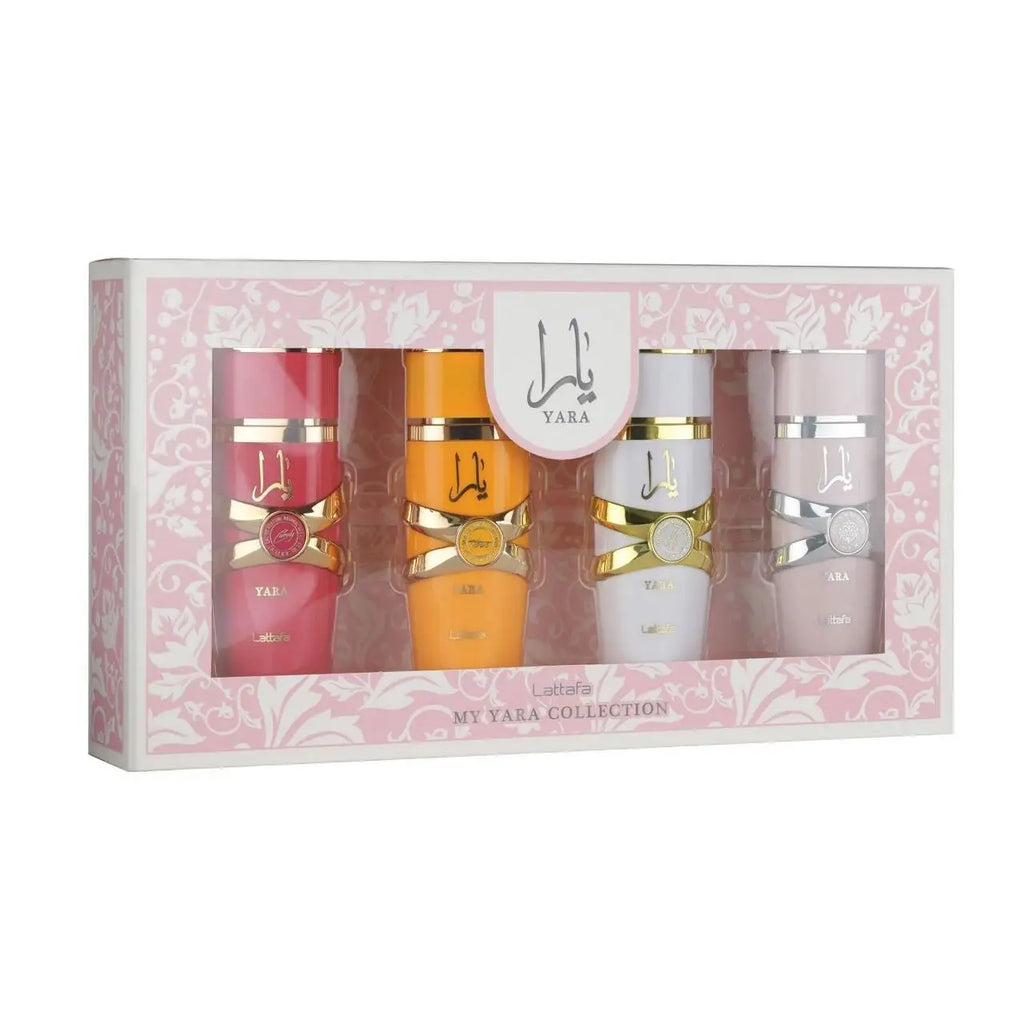 Discover the elegance of the My Yara Collection by Lattafa: a gift set of 4 original women's perfumes (4 x 25ml) featuring Yara Rosa, Yara Candy, Yara Moi, and Yara Tous, offering enchanting oriental fragrances for every occa