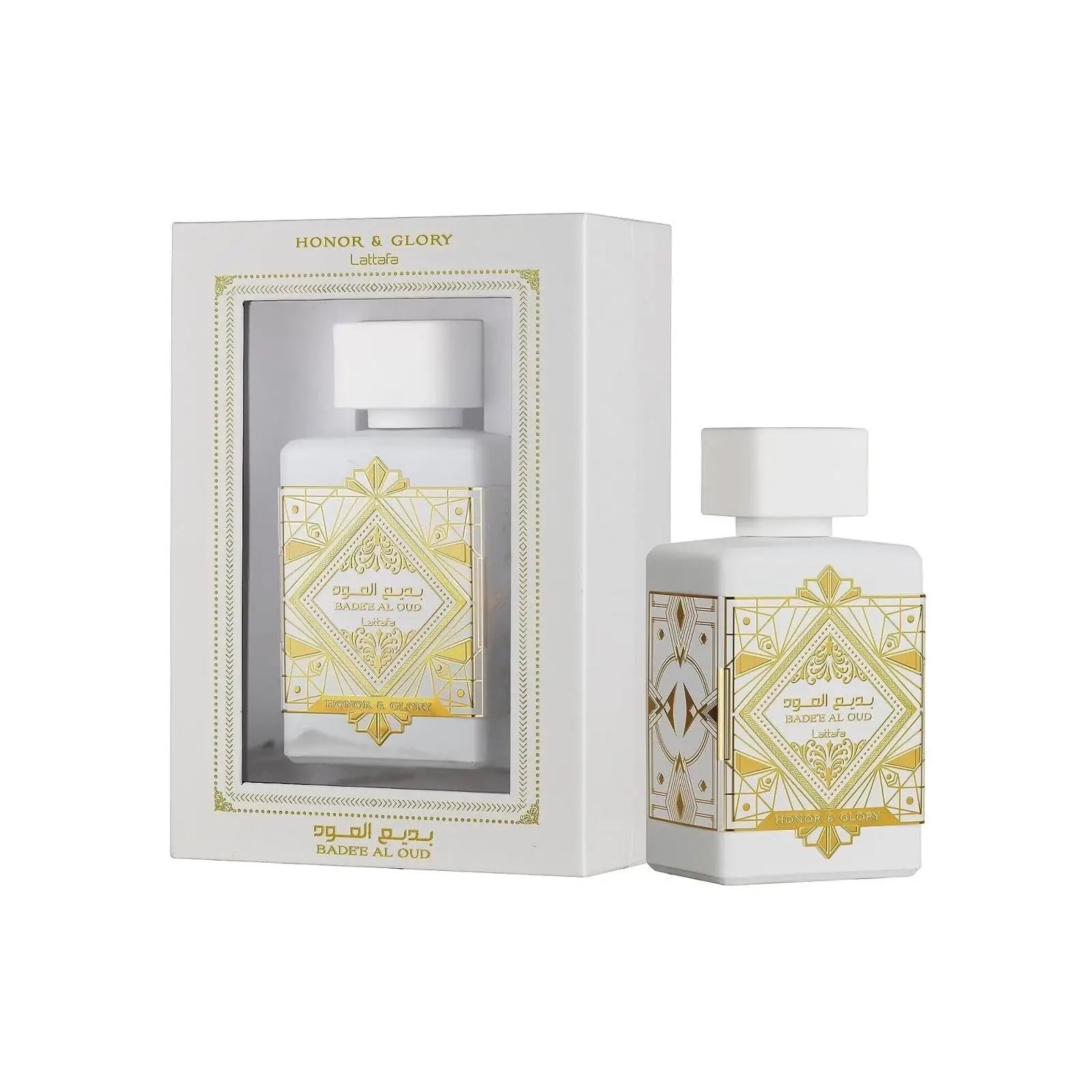 Badee Al Oud - Honor & Glory by Lattafa is a unisex Eau de Parfum with 100 ml capacity, featuring rich oud, warm spices, and long-lasting fragrance ideal for special events or daily wear, embodying luxury and sophistication.