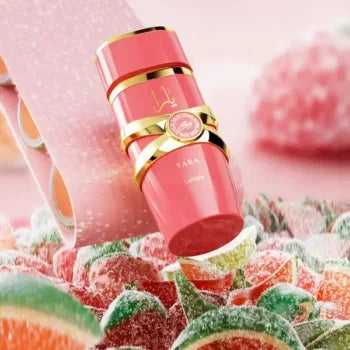 Yara Candy - Arabic Perfume for Women, 100ml, features a sweet and floral gourmand fragrance with notes of green mandarin, black currant, strawberry caramel, gardenia, vanilla, amber, sandalwood, and musk, perfect for modern